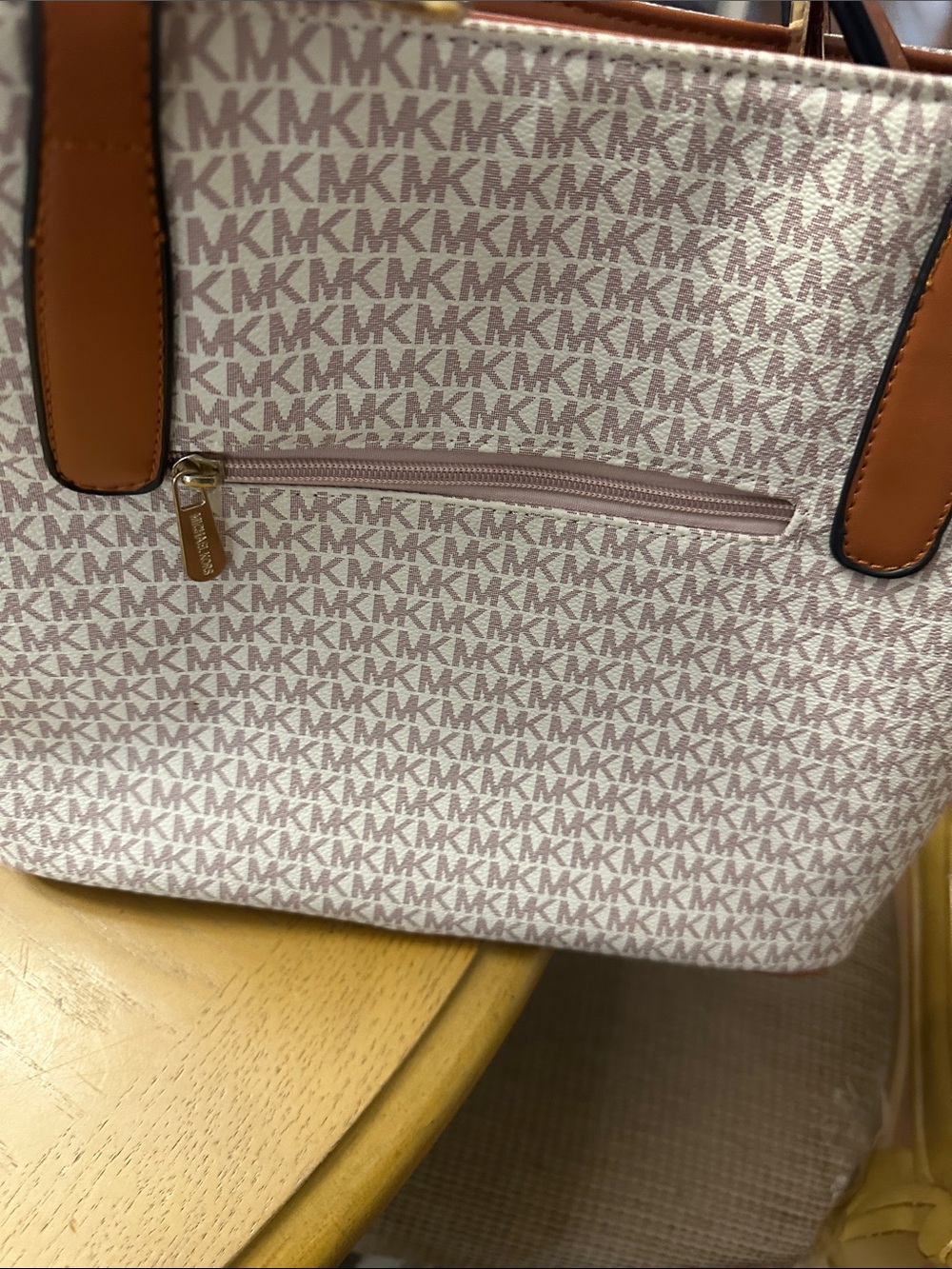 Michael Kors Cream and Tan MK Logo Shoulder Tote - Picture 4 of 10